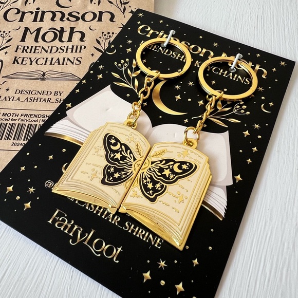 FairyLoot Gold Crimson Moth Book Keychain Friend Gift - Picture 2 of 3